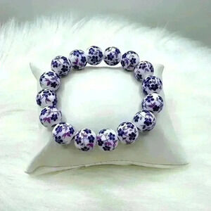 Chinese-Style Ceramic Purple Floral Design Beaded Bracelet